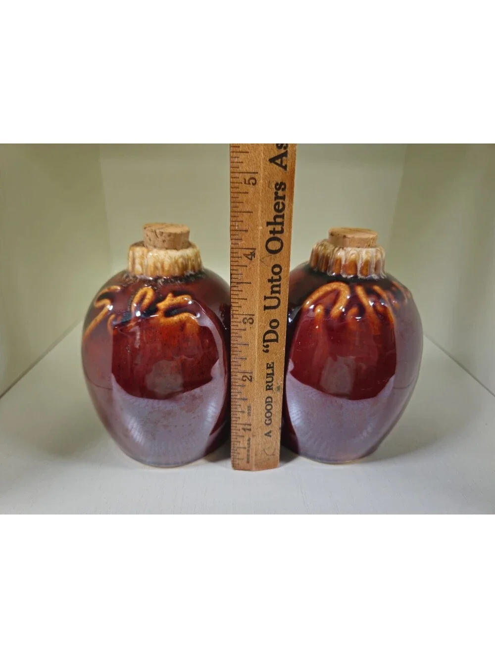 Hull Salt & Pepper Shakers Brown Drip With Corks Vintage Oven Proof USA Ceramic